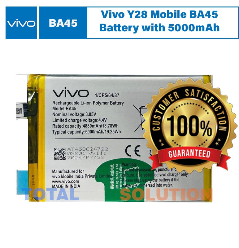 100 % Original New Vivo Y28 Mobile BA45 Battery with 5000mAh & 6 months warranty.