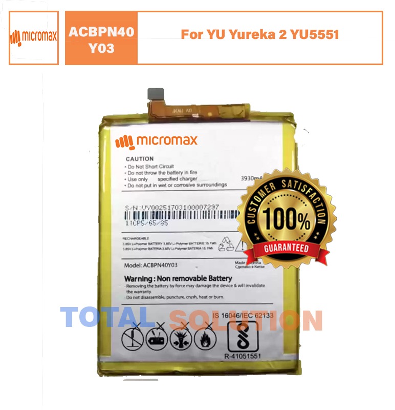 100 % Original Micromax battery ACBPN40Y03 For YU Yureka 2 YU5551 Mobile - 3930mAh