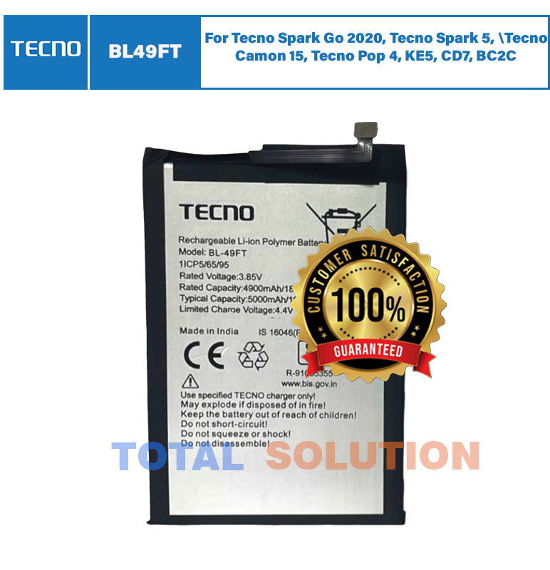 100% BRAND NEW Original BL-49FT Battery For Tecno Spark Go 2020, Tecno Spark 5, Tecno Camon 15, Tecno Pop 4, KE5, CD7, BC2C BL49FT - 5000mAh