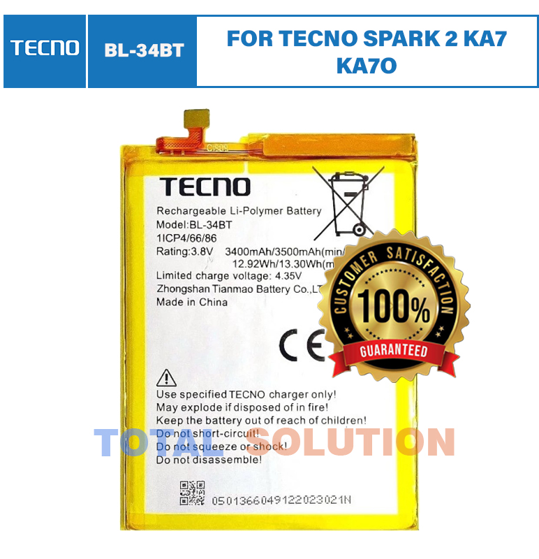 BRAND NEW BATTERY TECNO BL-34BT  FOR TECNO SPARK 2 KA7 KA7O MOBILE - 3500mAh