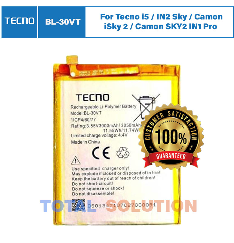 Original Tecno BL-30VT Battery For Tecno i5 / IN2 Sky / Camon iSky 2 / Camon SKY2 IN1 Pro Mobile - 3050mAh
