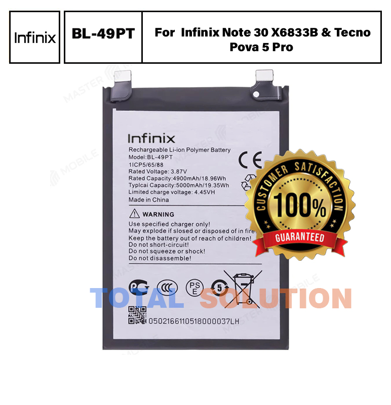 100% Original Brand New Infinix BL-49PT Battery for Infinix Note 30 X6833B & Tecno Pova 5 Pro, LH8n Mobiles 5000mah 6 months warranty
