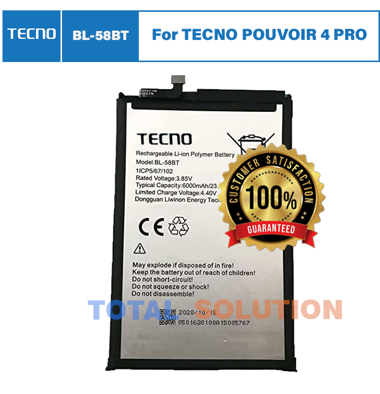 100% Original Tecno Pouvoir 4/ Pouvoir 4 Pro / Spark 6 Air / Spark Power 2 Battery BL-58BT - 6000mAh