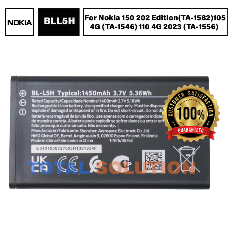 100% Original Nokia BL-L5H BLL5H Battery - 1450mAh 	 Nokia 150 2023 Edition (TA-1582) Nokia 105 4G (TA-1546)  Nokia 110 4G 2023 (TA-1556)