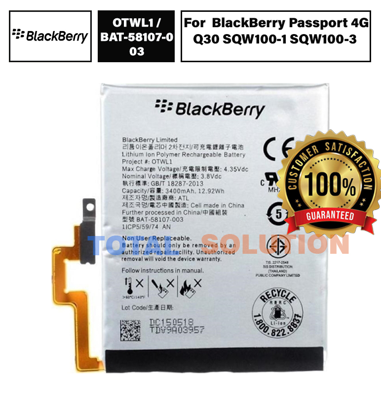 Original BlackBerry Passport 4G Q30 SQW100-1 SQW100-3 Battery OTWL1 BAT-58107-003 - 3400mAh
