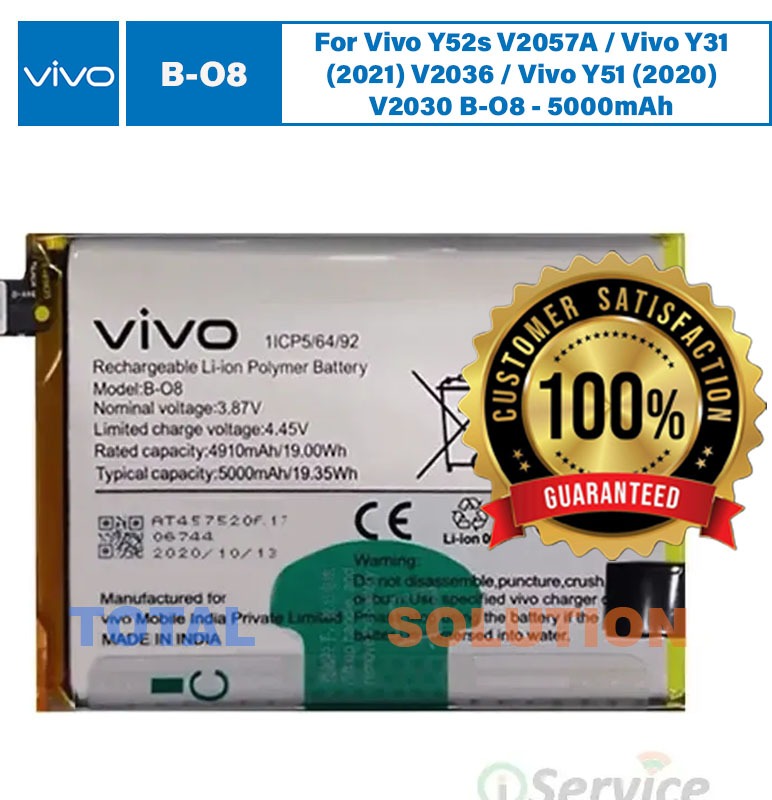 100%Original Vivo B-O8 Battery For Vivo Y52s V2057A / Vivo Y31 (2021) V2036 / Vivo Y51 (2020) V2030 BO8 - 5000mAh